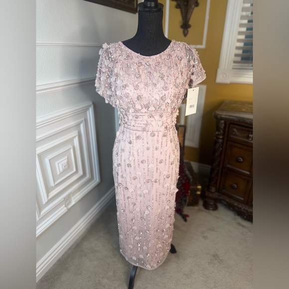 Pink Cap Sleeve Column Midi Dress With Floral Beading - Picture 5 of 10